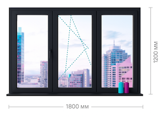 Трёхстворчатое цветное окно ПВХ — ламинация антрацит, золотой дуб, орех